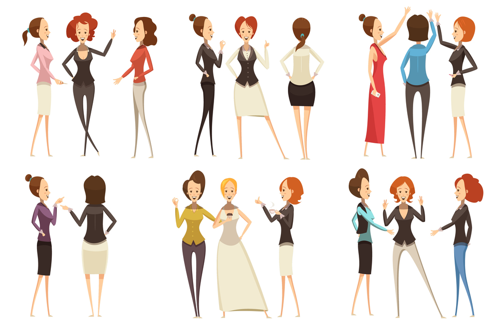 Groups of smiling businesswomen in various clothing during communications set in cartoon style isolated vector illustration. Groups Of Businesswomen Cartoon Style Set
