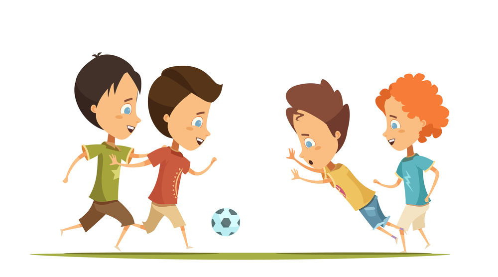 Boys in colorful clothing with emotions on faces playing soccer on green field cartoon style vector illustration. Boys Playing Soccer Cartoon Style Illustration