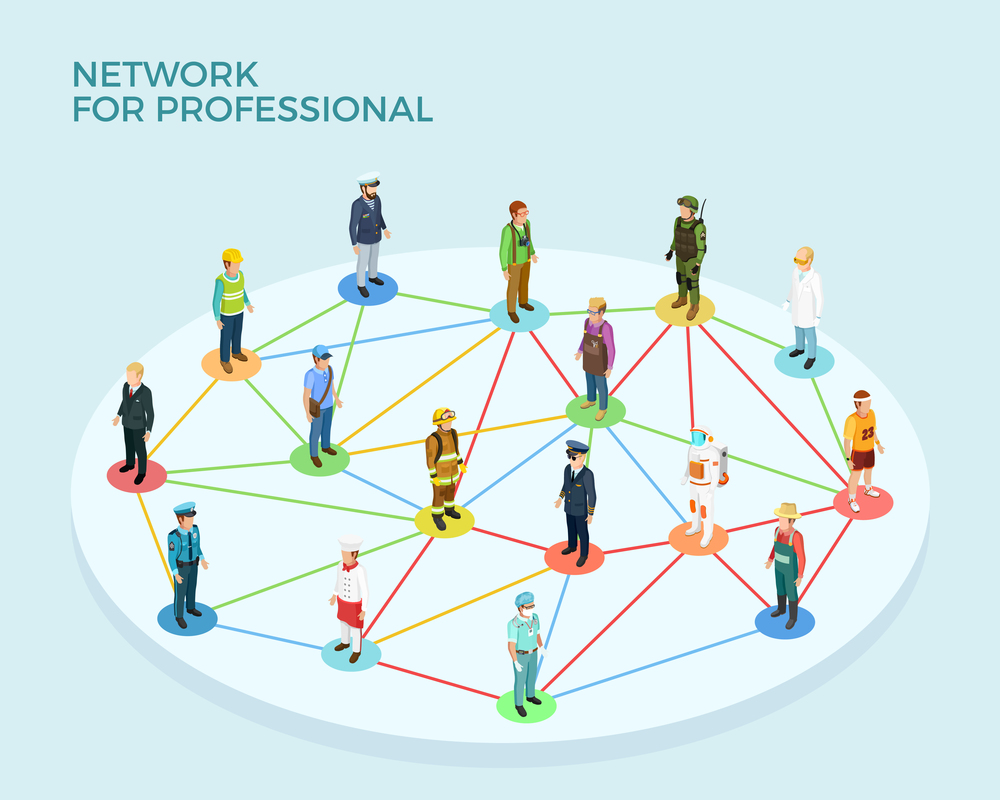 Network professional isometric concept with people of various occupations and jobs isolated vector illustration. Network Professional Isometric Concept