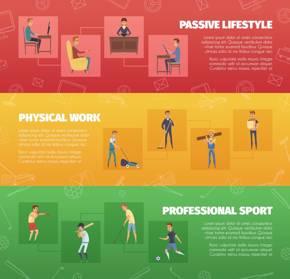 Three horizontal banners set with physical work and sport activities with human character icons and text vector illustration. Physical Activity Banners Set