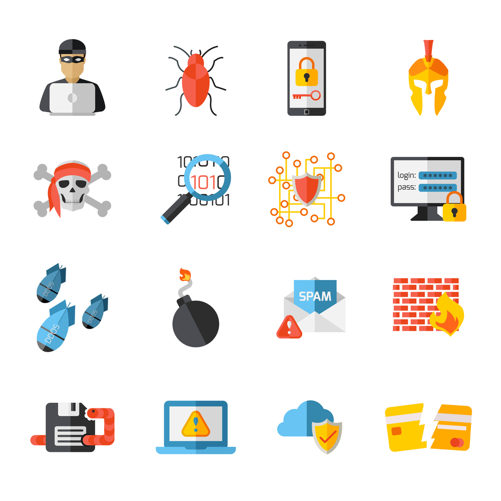Set of sixteen flat isolated hackers decorative icons and pictograms with virus infection protection and maintenance vector illustration. Hacking Elements Icon Set