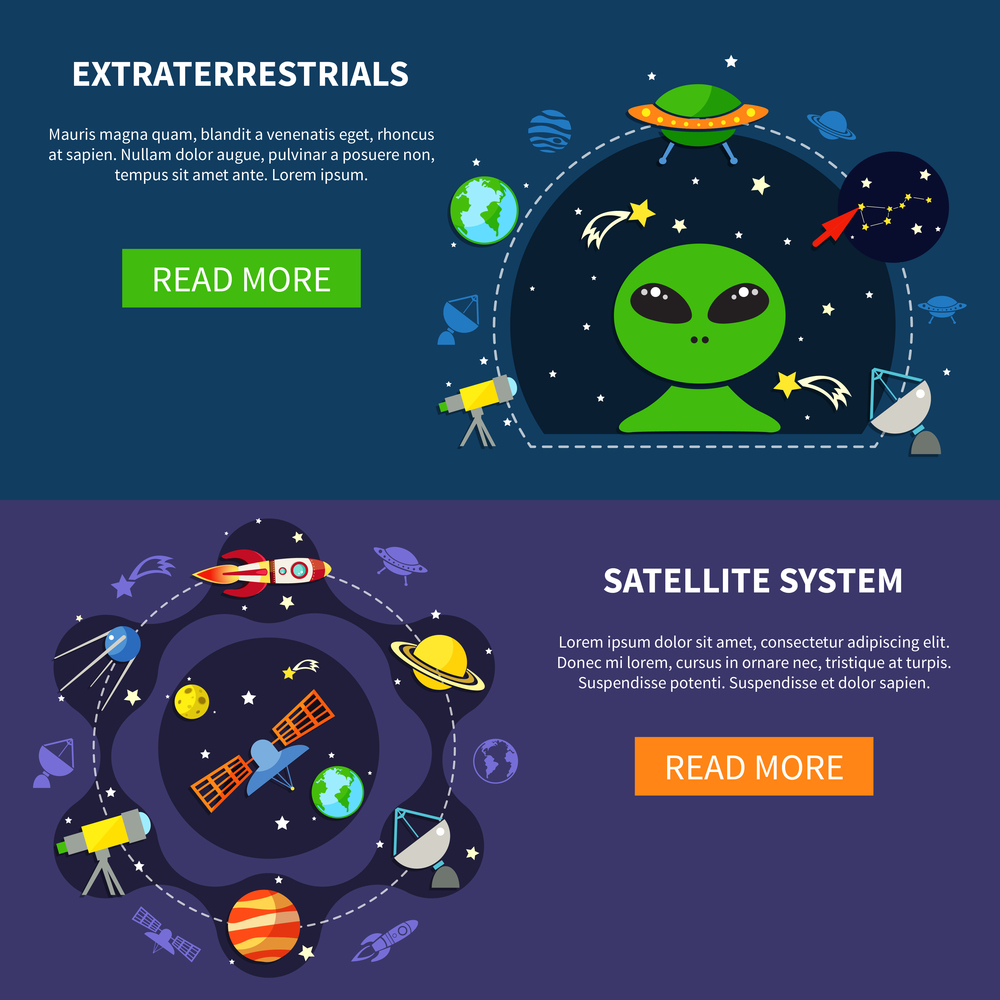 Satellite system horizontal banners set with extraterrestrial symbols flat isolated vector illustration . Satellite System Banners Set