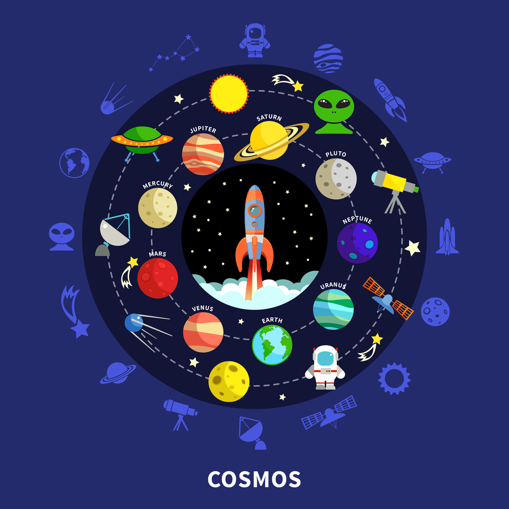 Cosmos concept with stars planets and exploration symbols flat vector illustration . Cosmos Concept Illustration