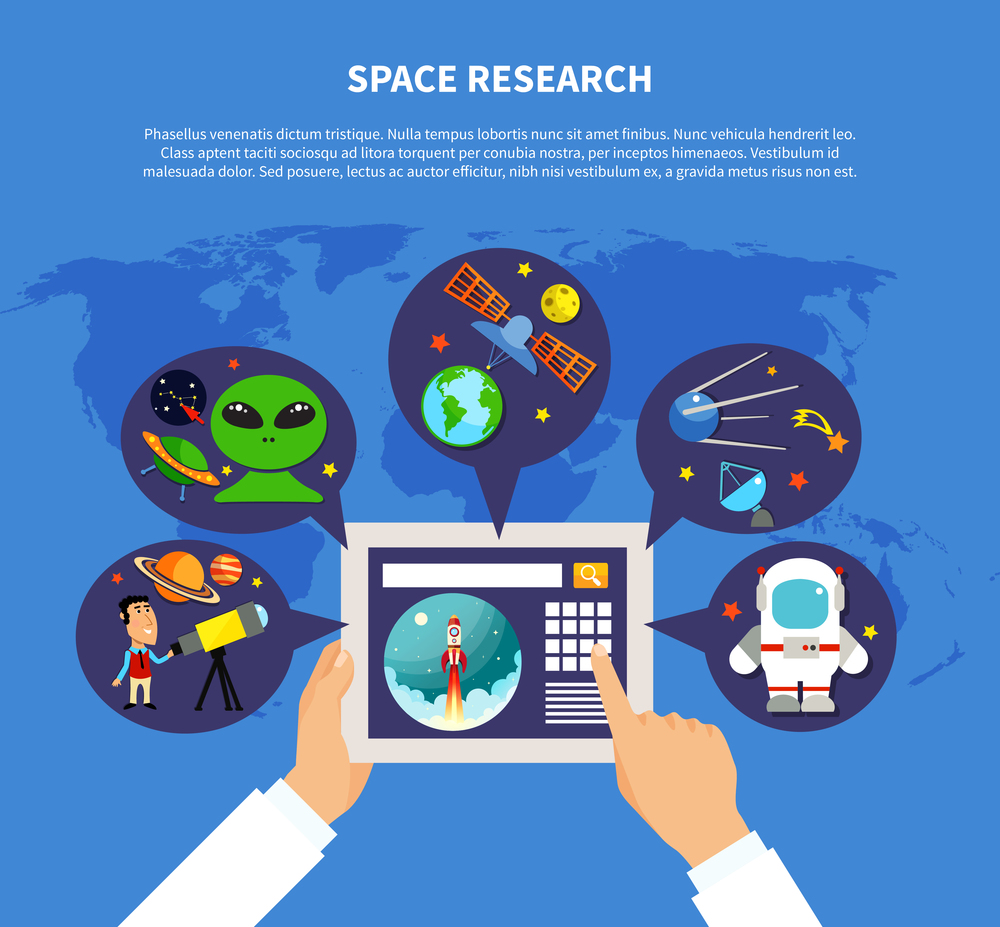 Space research concept with UFO and satellites symbols flat vector illustration . Space Research Concept
