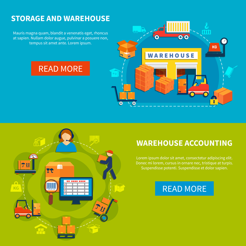 Two horizontal logistic banner set with storage and warehouse and warehouse accounting descriptions vector illustration. Logistic Banner Set