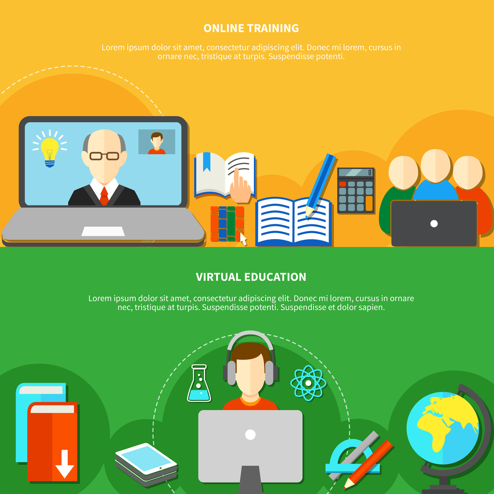 Two horizontal and isolated e learning banner set with online training and virtual education descriptions vector illustration. Two E Learning Banner Set