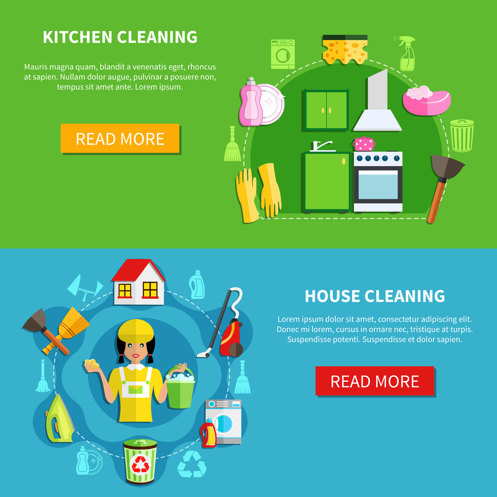 Cleaning horizontal banners set with professional house washing equipment with editable text and read more button vector illustration. Clean The House Banners