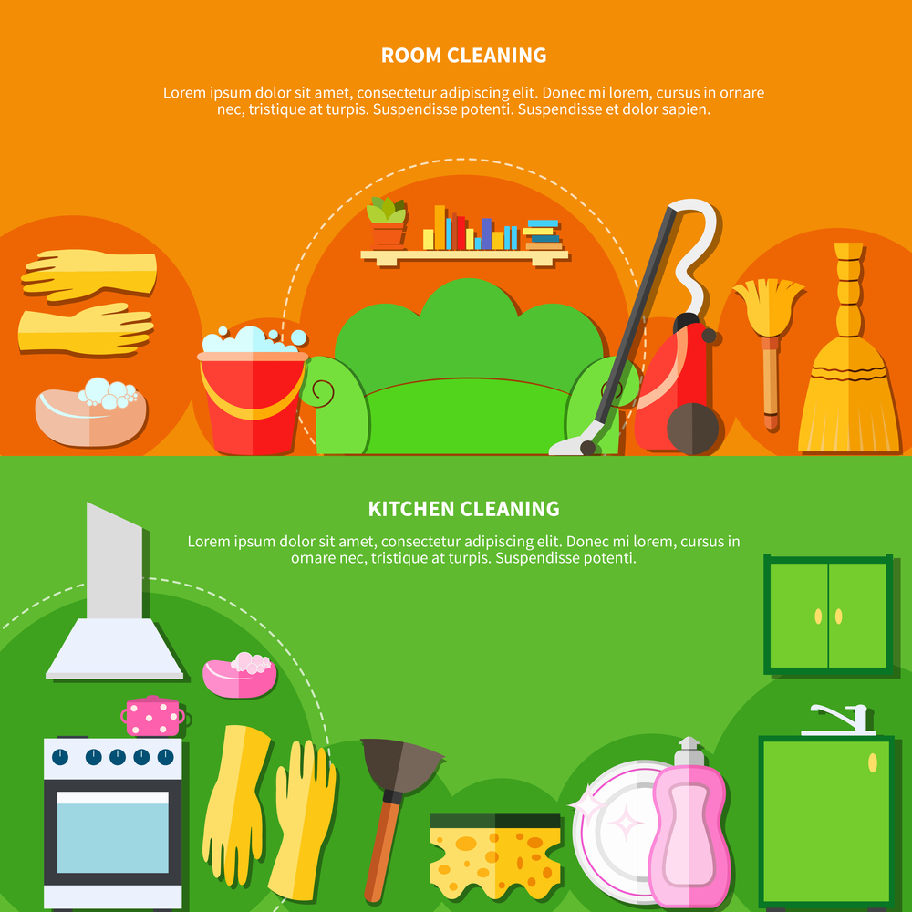 Two colorful horizontal banners set with flat living room kitchen furniture equipment and cleaning agents images vector illustration. Cleaning Tools Banners Set