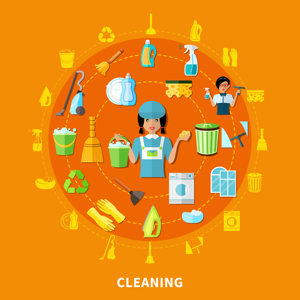 Composition with isolated decorative icons of cleaning tools equipment and housegirl character inscribed in circle shape vector illustration. Cleaning Tools Round Composition
