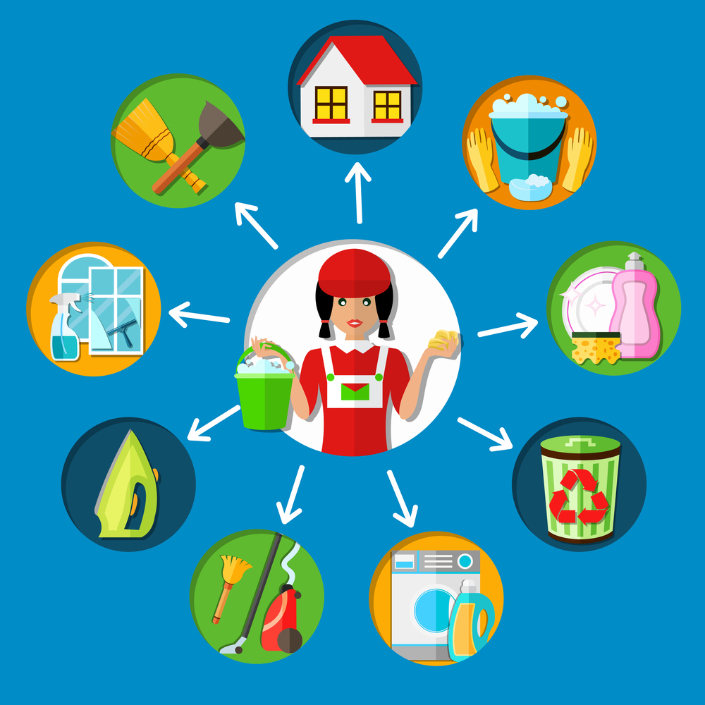 Cleaning conceptual composition with young charwoman character and circumjacent round decorative icons representing different service types vector illustration. Housemaid Cleaning Service Concept