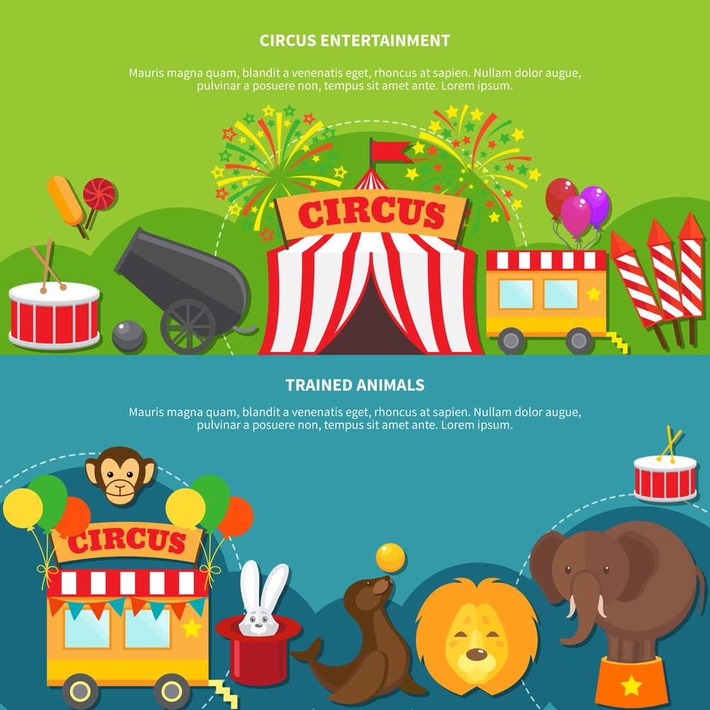 Circus entertainment  and trained animals horizontal banner set flat isolated vector illustration. Circus entertainment  horizontal banner