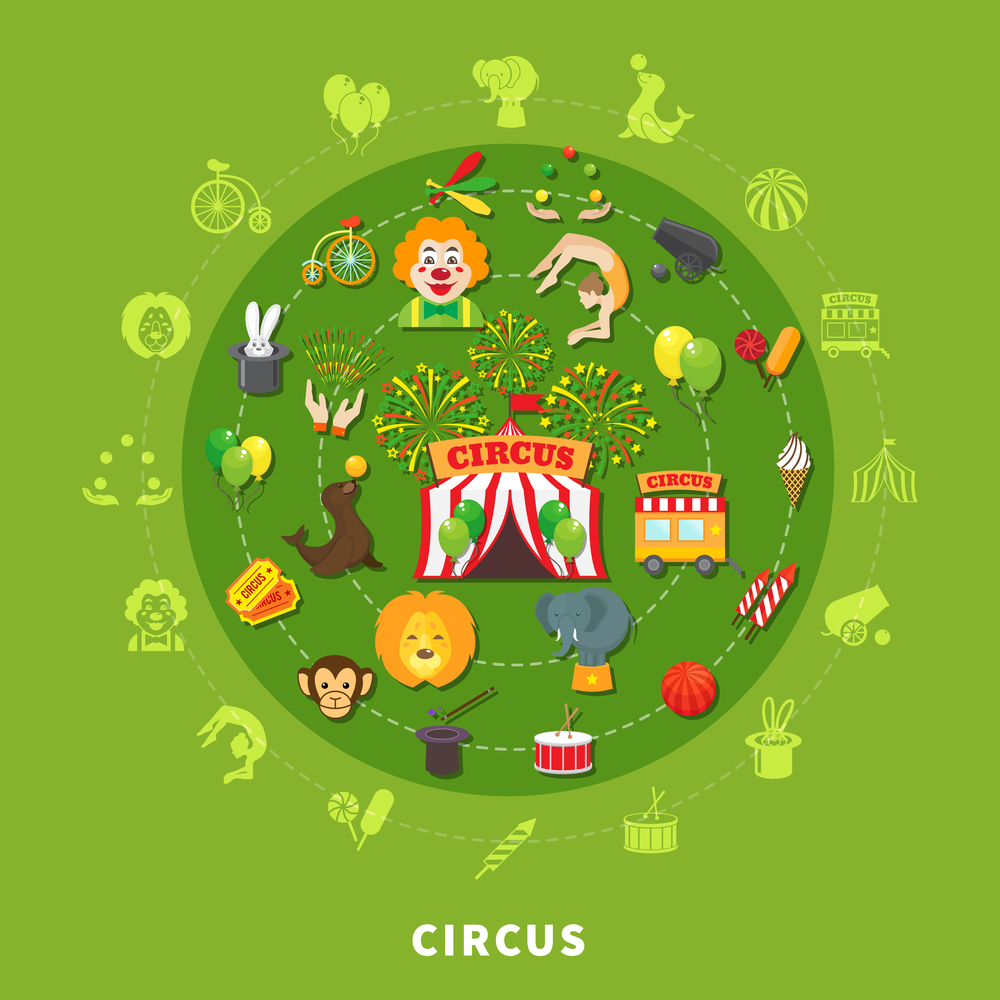 Circus concept with entertainment symbols in circle vector illustration. Circus vector illustration
