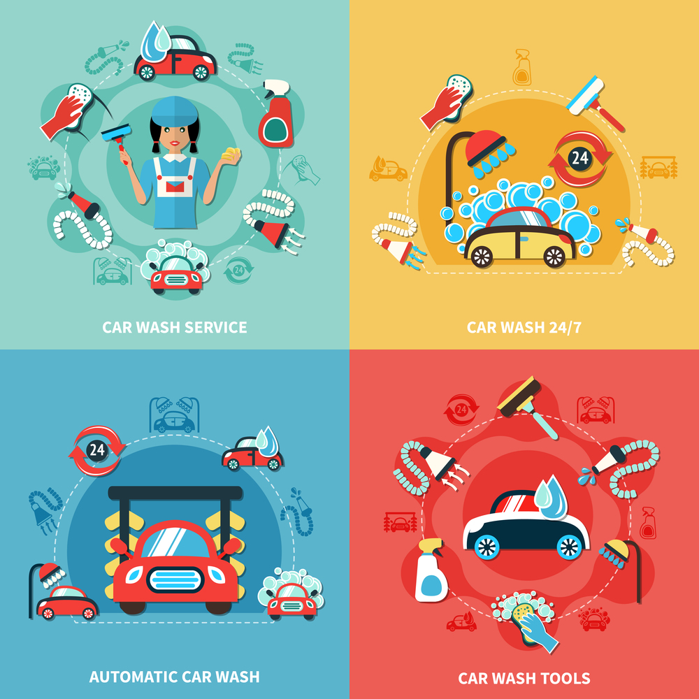Four square car wash 24/7 colorful compositions with cartoon cars cleaning agents and tools images vector illustration. Car Wash Compositions Set