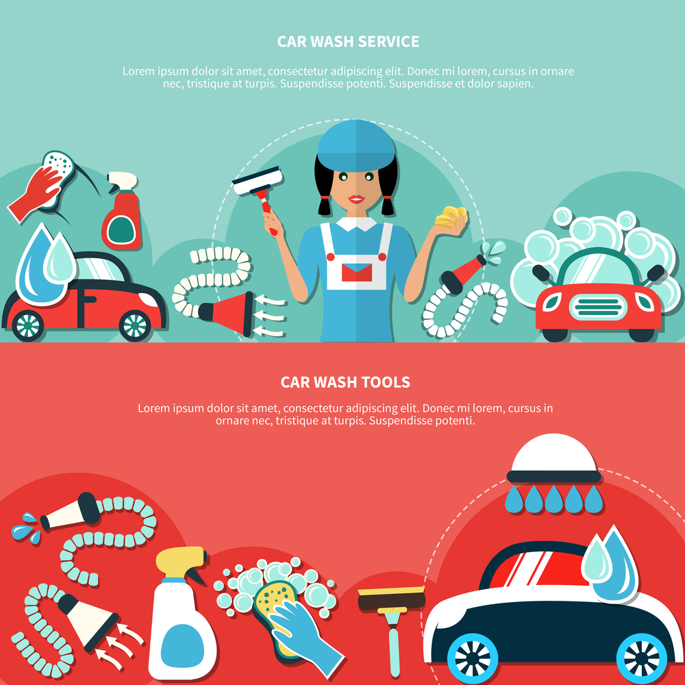 Two horizontal banners set with car wash worker character cartoon images of equipment and cleaning agents vector illustration. Car Wash Tools Banners