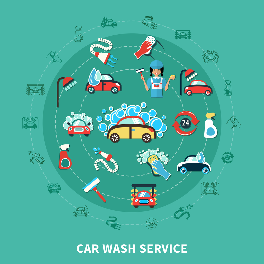 Round composition with cartoon decorative icons of washing car in soap flakes cleaning agents and equipment vector illustration. Car Wash Round Composition