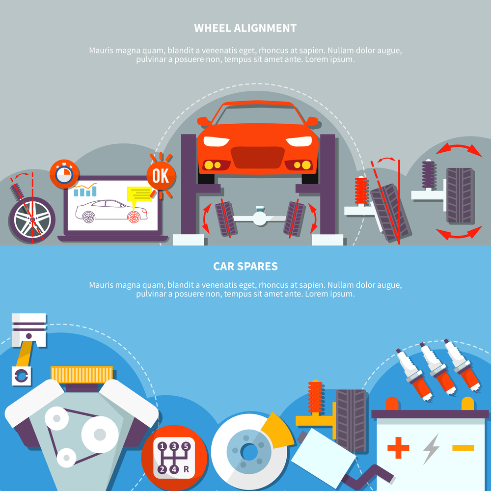 Two horizontal banner on auto service theme with wheel alignment and car spares design compositions flat vector illustration  . Wheel Alignment And Car Spares Horizontal Banner