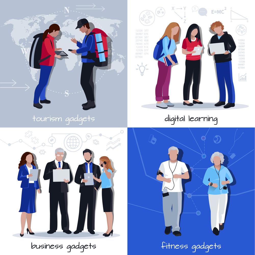 People traveling learning exercising and communicating with business colleagues with gadgets 4 flat icons isolated vector illustration  . Gadgets Use 4 Flat Icons Square