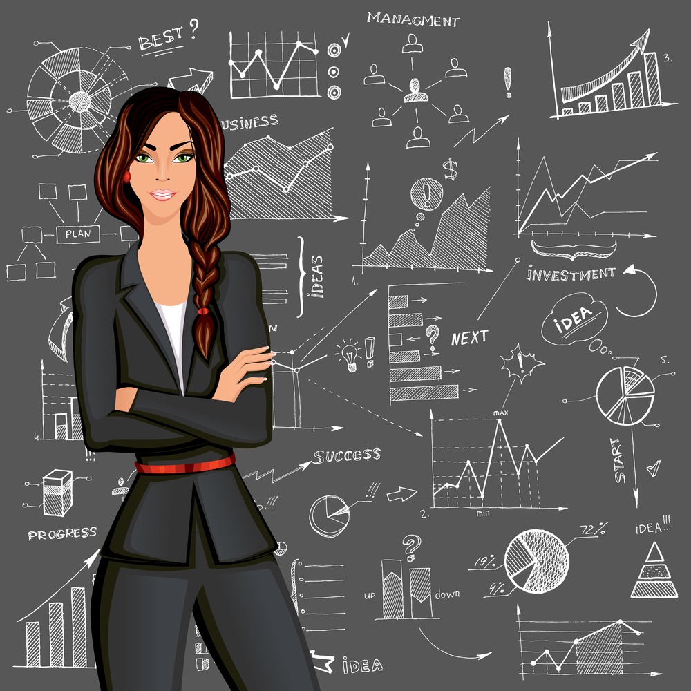 Young beautiful business woman against the doodle style charts diagram background in formal suit vector illustration