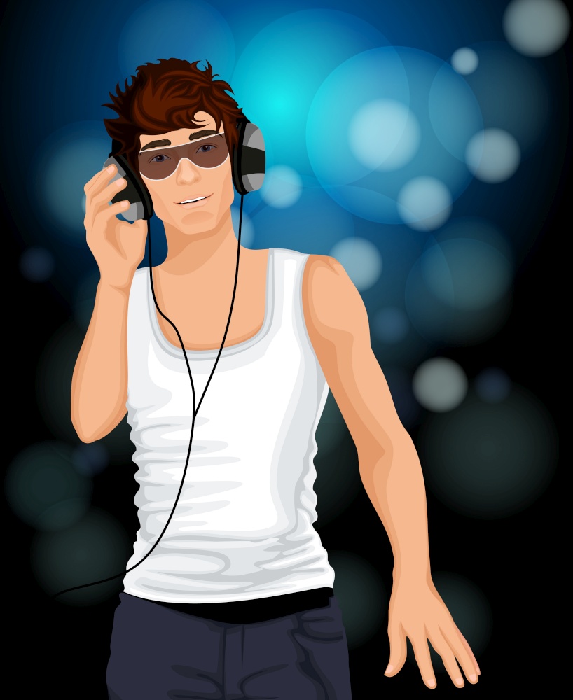 Handsome sexy young man with sunglasses listening music in headphones vector illustration