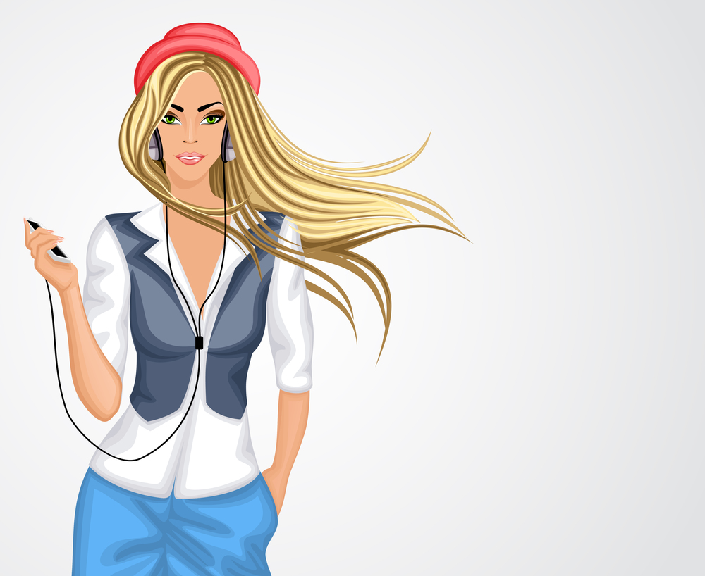 Blond hipster female girl character wearing headphones vector illustration.
