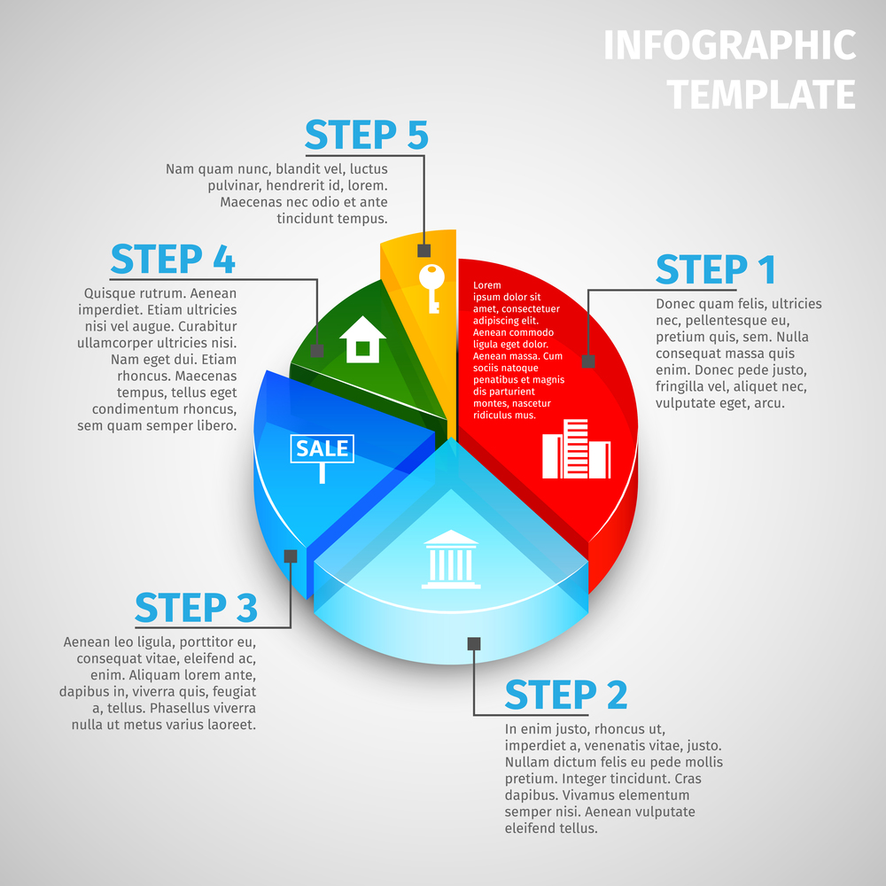 Colored abstract 3d pie chart real estate infographic template vector illustration