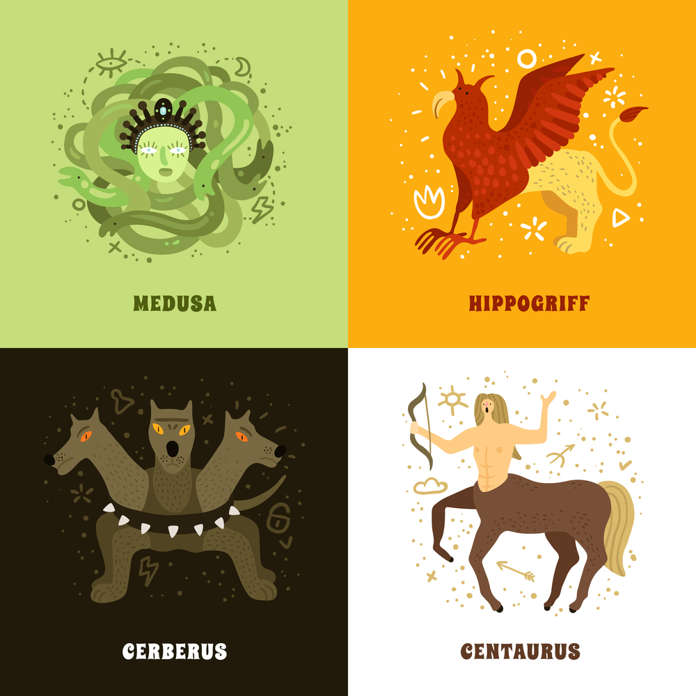 Flat 2x2 design concept with mythical creatures such as medusa hippogriff centaurus and cerberus isolated vector illustration. Mythical Creature 2x2 Concept