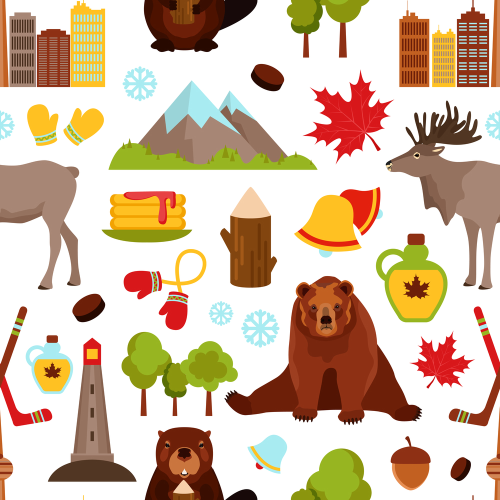 Canada colored seamless pattern with hockey maple syrup beaver vector illustration