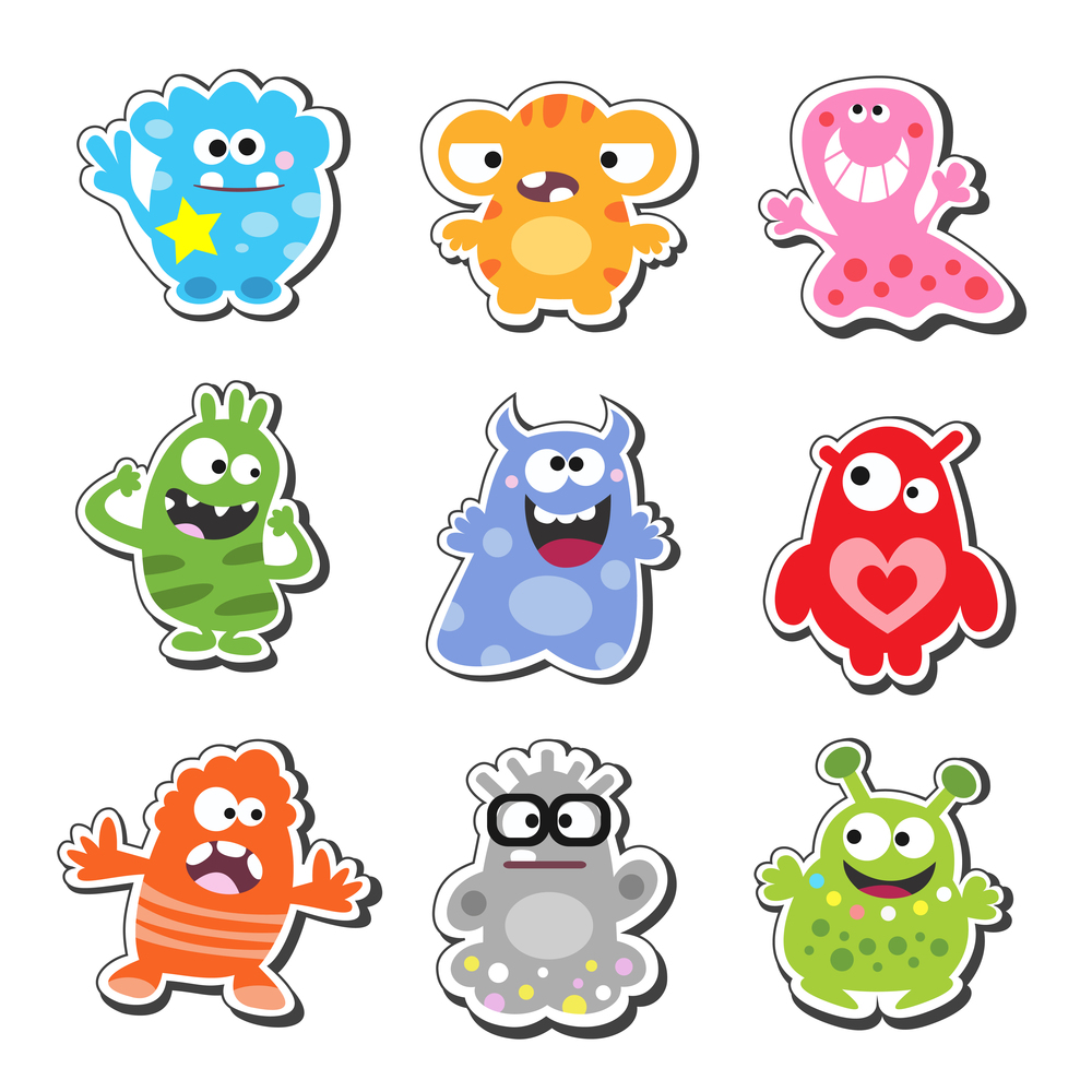 Cartoon funny & cute monsters icons set, isolated vector illustration