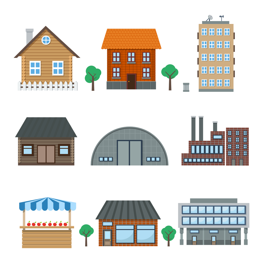 Detailed houses and building icons set isolated on white vector illustration