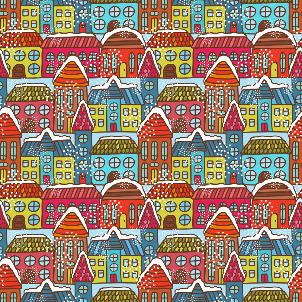 Winter houses seamless pattern vector illustration