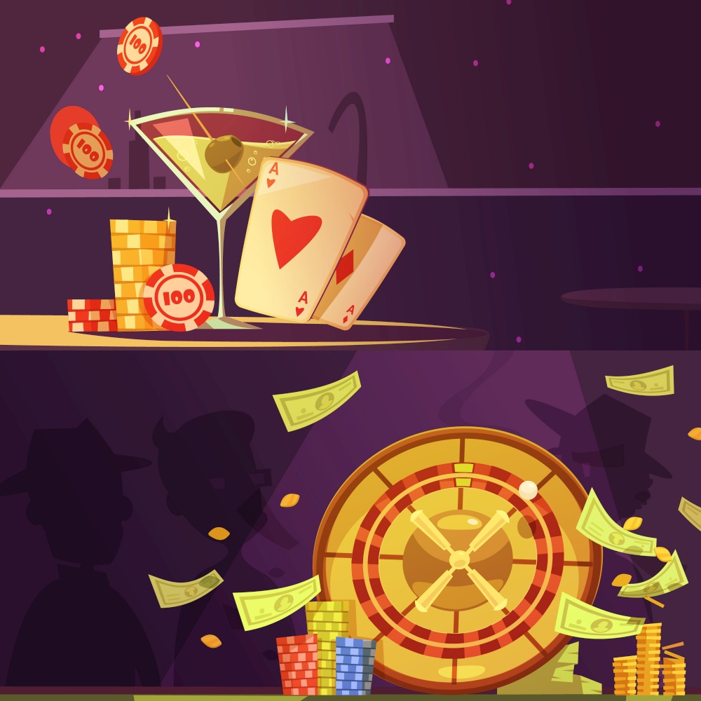 Color cartoon banners depicting casino equipment roulette drink money cards and chips vector illustration. Casino Color Banners