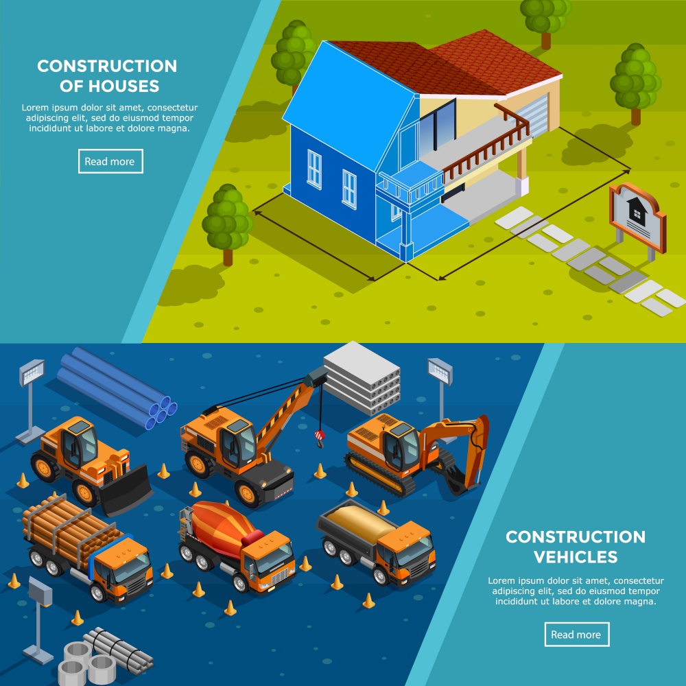 Two construction isometric banners with layout of country house vehicles for road works trucks and tippers flat vector illustration . Construction Vehicles Isometric Banners