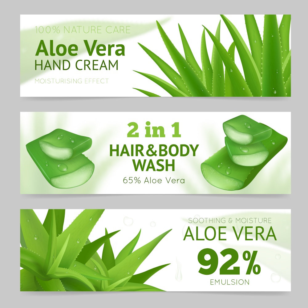 Horizontal sliced and whole aloe vera leaves banners presenting natural hand cream hair and body wash and emulsion . Horizontal Aloe Vera Banners