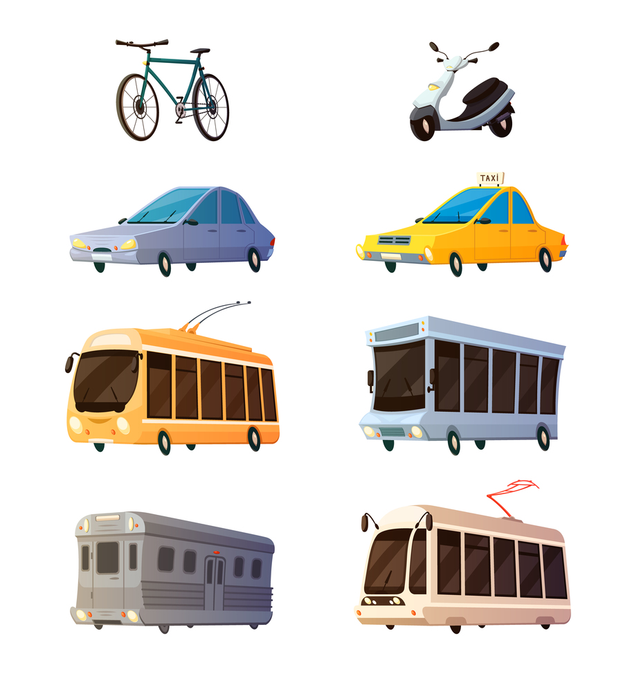 City transport retro cartoon icons set of bus tram trolley railcar bicycle yellow taxi flat images isolated vector illustration . City Transport Flat Cartoon Icons