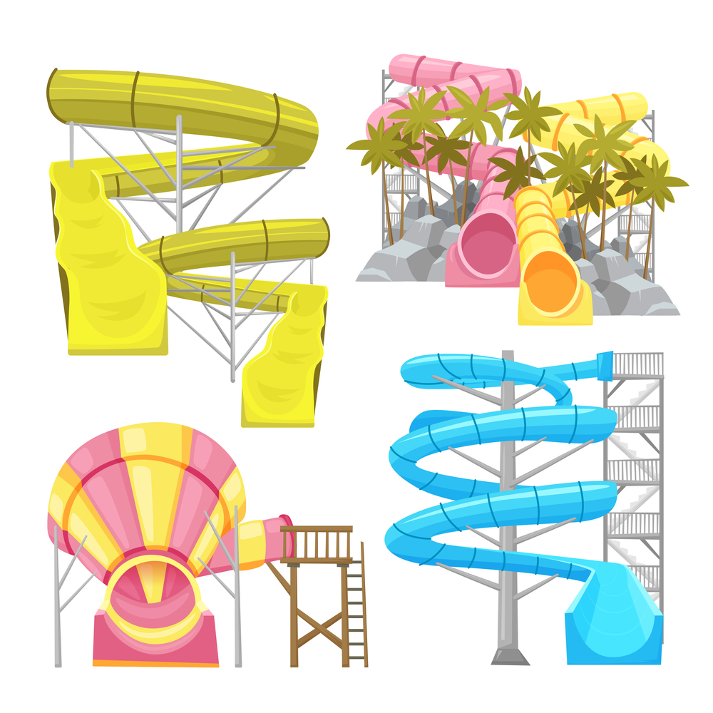 Images set of aquapark equipments colorful water slides and tubes flat isolated vector illustration. Aquapark Equipments Images Set