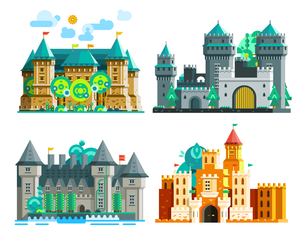 Colorful castles set of medieval era with towers and domes in flat style isolated vector illustration. Colorful Castles Set