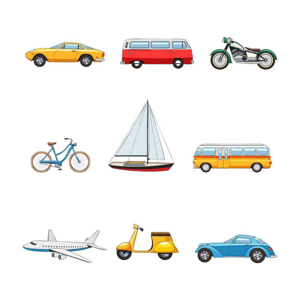Comic flat transport images set of cars van motorcycle bicycle yacht bus airplane scooter isolated vector illustration. Comic Transport Set