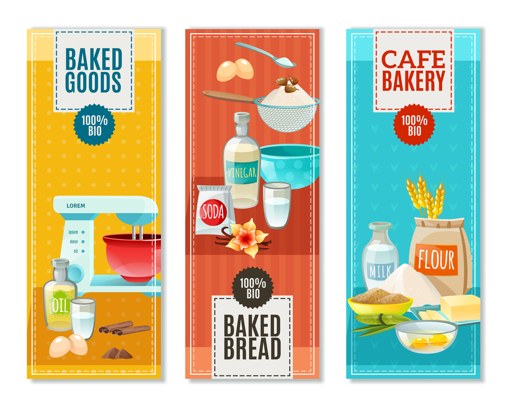 Colorful flat vertical banners set for cafe bakery with baking ingredients isolated vector illustration. Baking Ingredients Banners