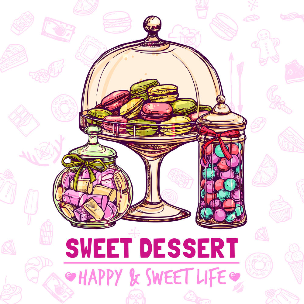 Candy shop poster with sweets cookies and macarons sketch vector illustration. Candy Shop Poster