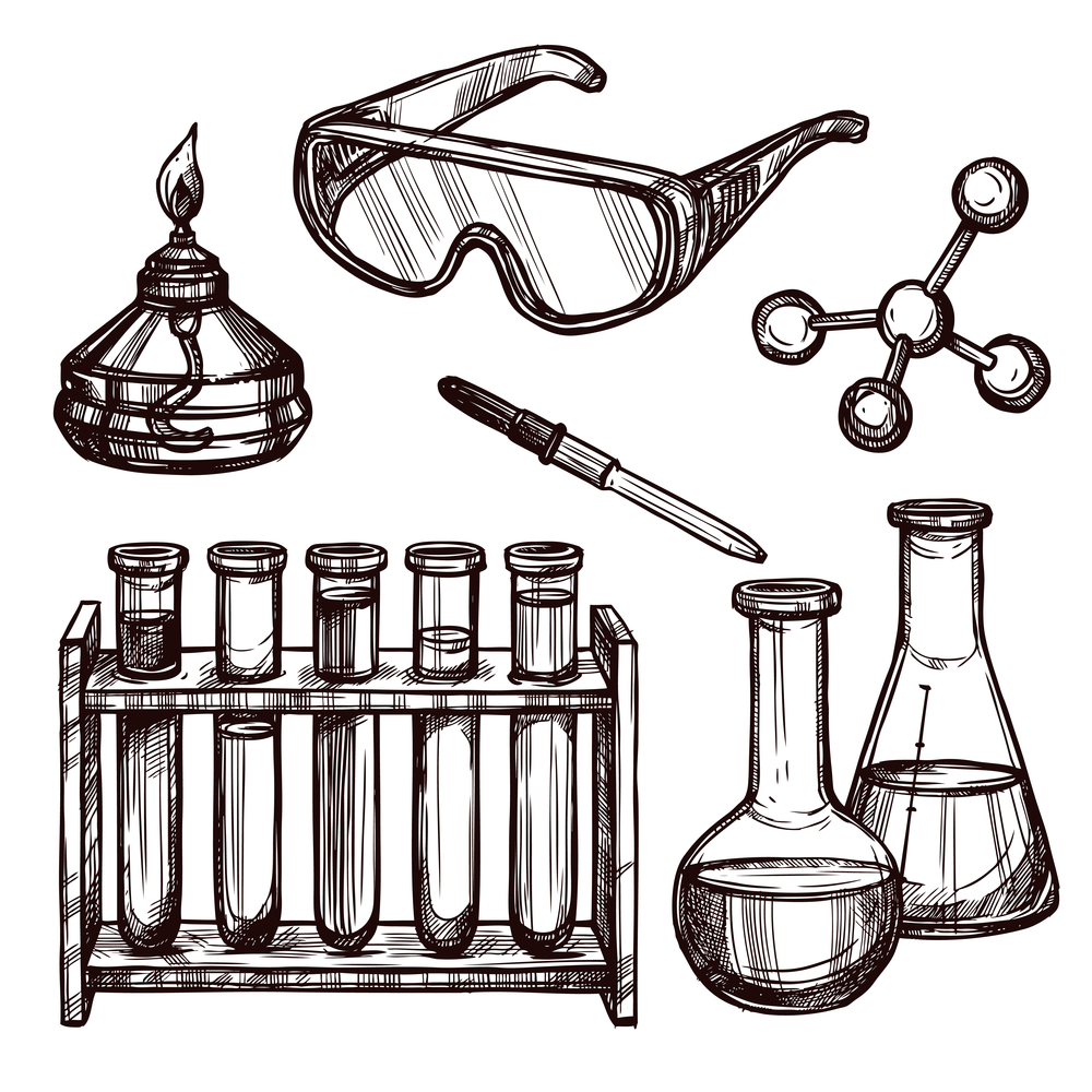 Chemistry laboratory tools and devices black and white sketch hand drawn decorative icon set isolated vector illustration. Chemistry Tools Hand Drawn Set