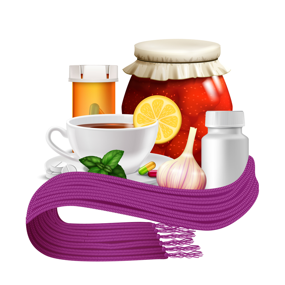 Anti-virus remedies set with realistic tea cup lemon warm scarf and pills vector illustration. Anti-virus remedies set