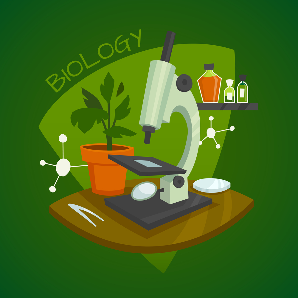 Biology laboratory workspace design concept with microscope houseplant and chemical reagents vector illustration. Biology Laboratory Workspace Design Concept