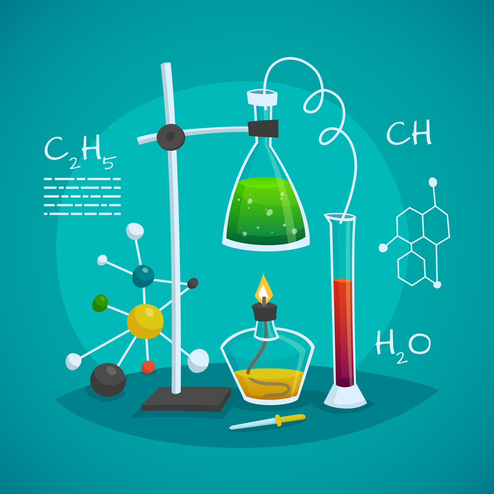 Chemical laboratory workspace design concept with burner flask  and glass tube vector illustration. Chemical Laboratory Workspace Design Concept