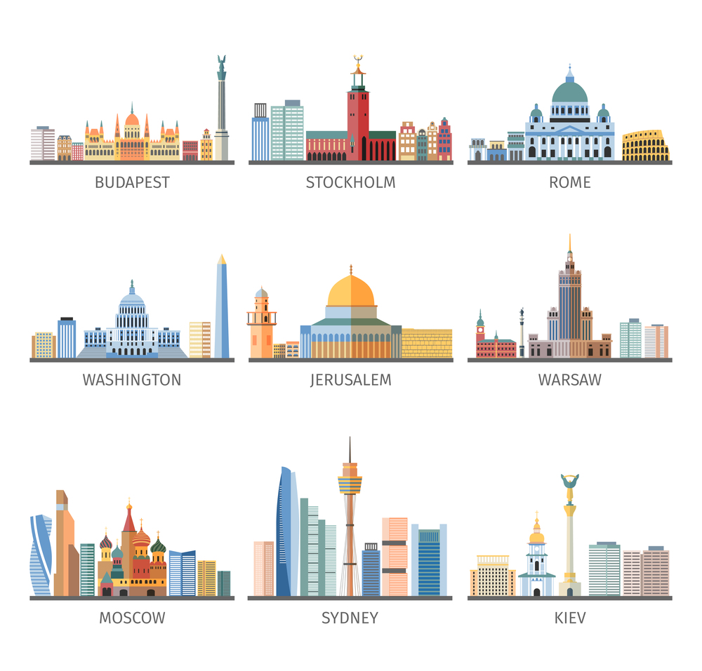 World famous capitals historical and modern landscapes and landmarks flat pictograms collection design abstract isolated vector illustration  . World Famous Cityscapes Flat Icons Collection