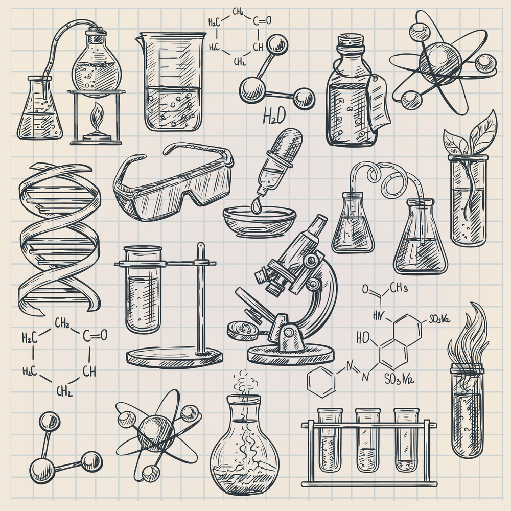 Chemistry icon in doodle style with burner flask dna structure and formulas of organic substances isolated vector illustration . Chemistry Icon  In Doodle Style