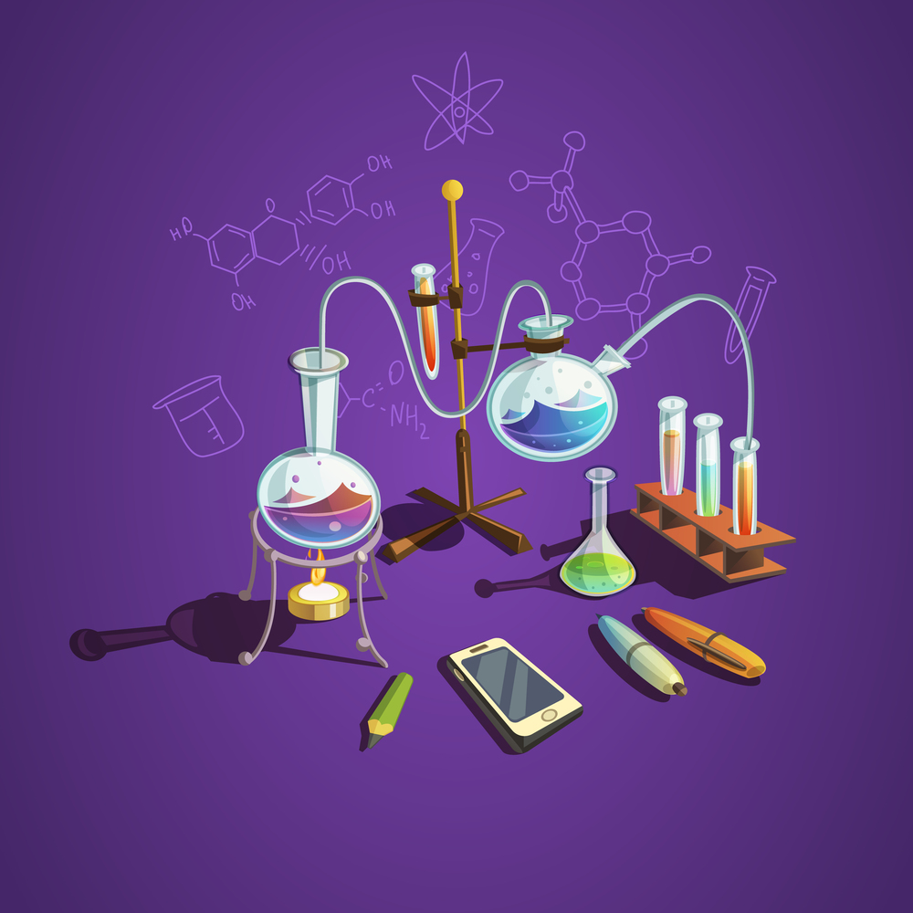 Chemistry science concept with retro cartoon scientific lab items vector illustration. Chemistry science concept