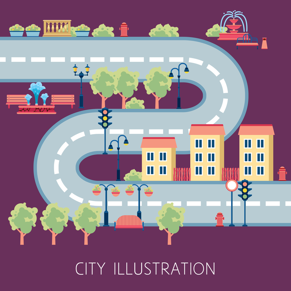 City street flat design schema for navigator or kids floor play mat poster print abstract vector illustration . City Street Schema Abstract Flat Banner