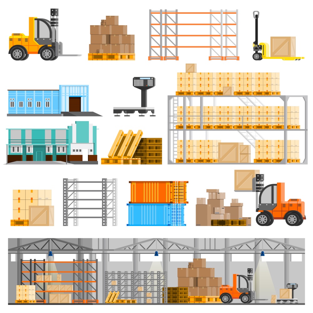 Warehouse orthogonal icons set with loader and cargo flat isolated vector illustration .  Warehouse Icons Set