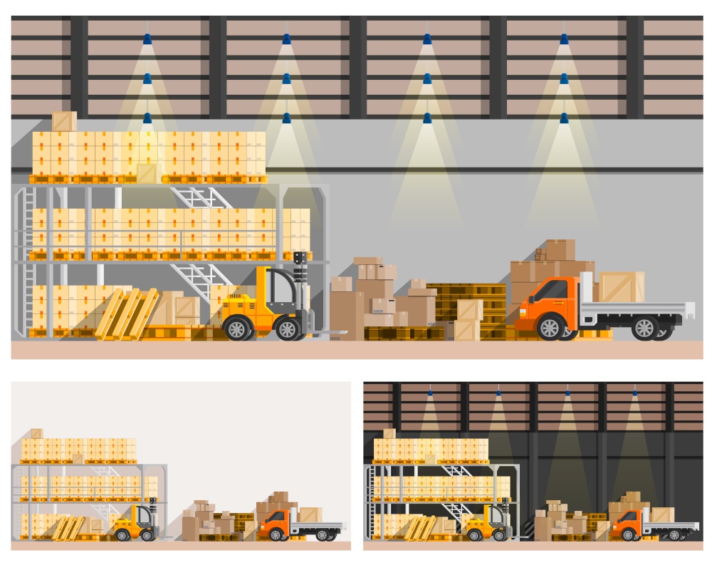 Warehouse orthogonal compositions set with van and loader flat isolated vector illustration . Warehouse Compositions Set