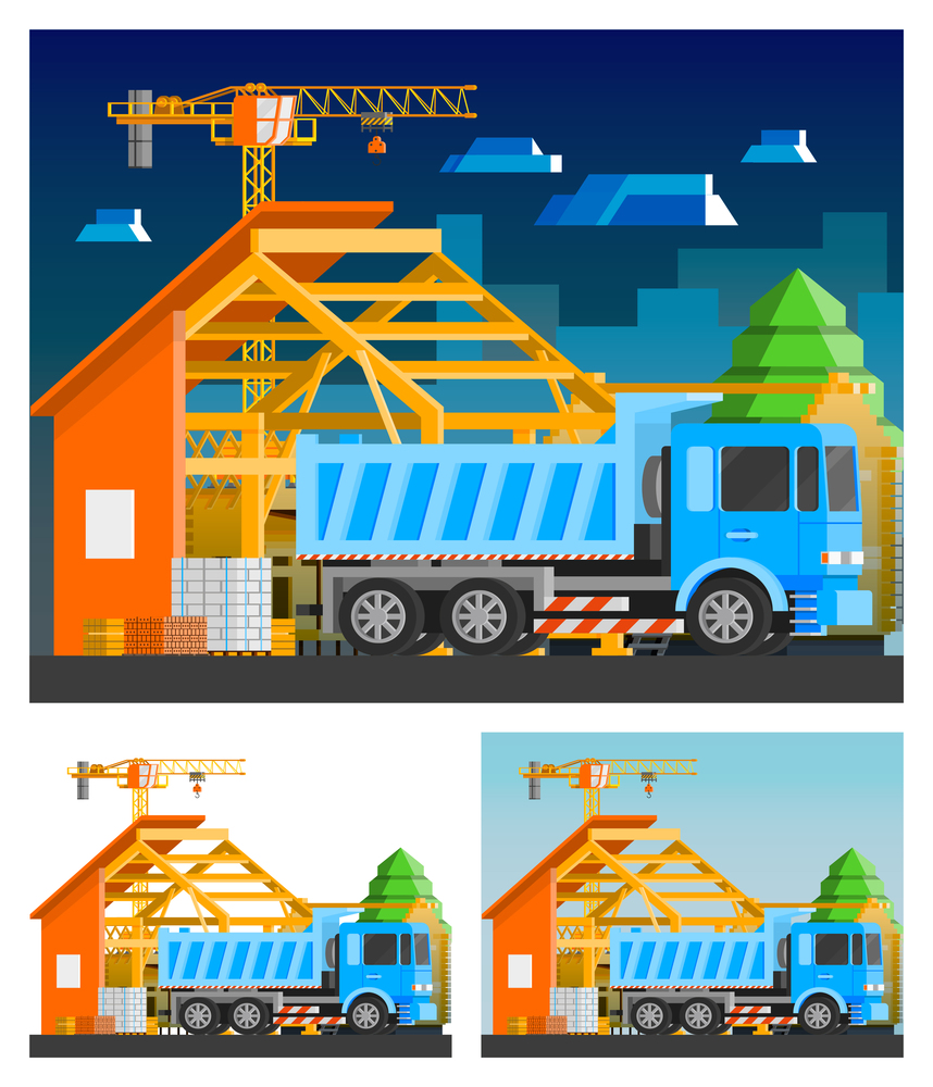 Construction orthogonal compositions set with house and truck flat isolated vector illustration . Construction Compositions Set
